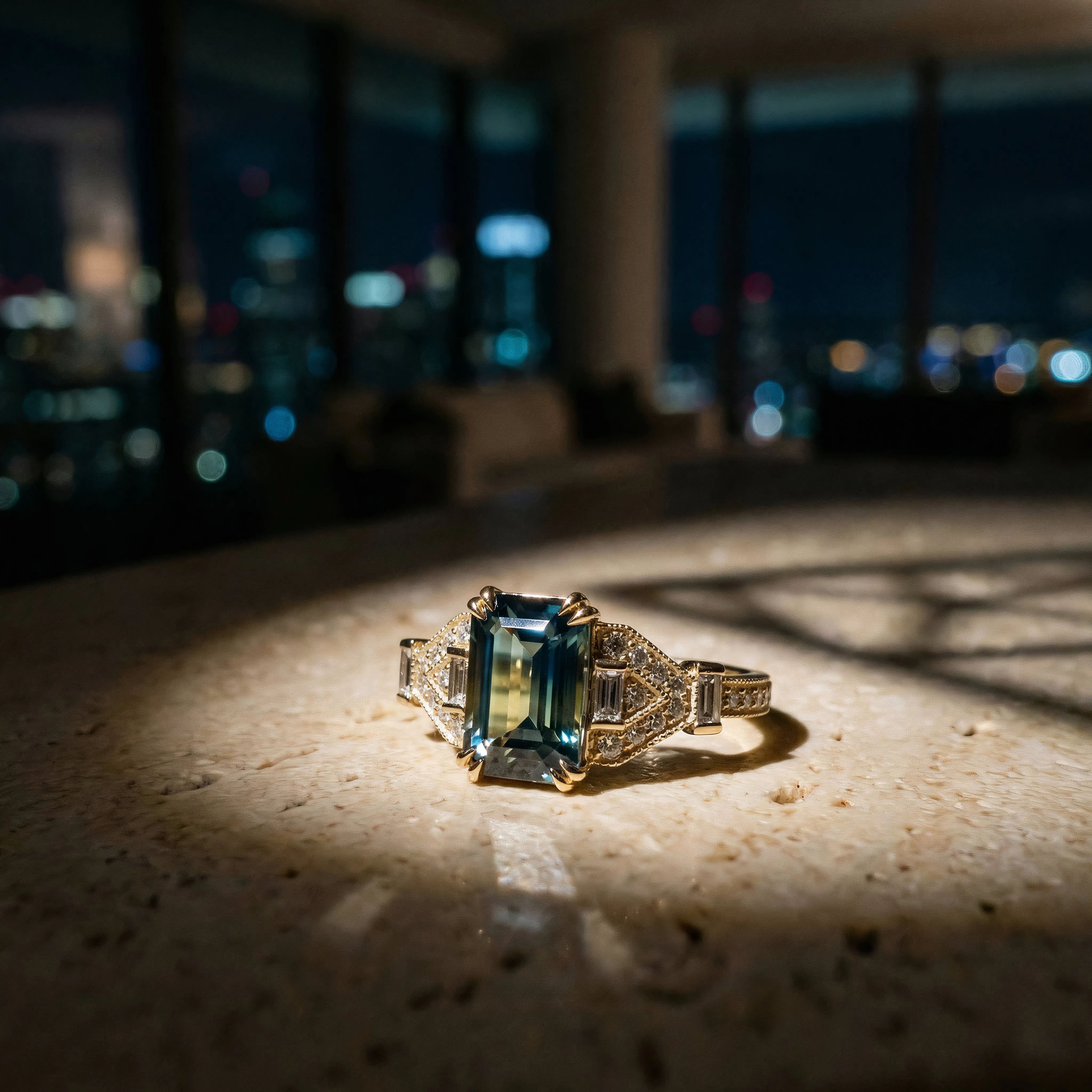 The same ring, now in a luxury penthouse setting with city lights — generated with AI, no location shoot needed