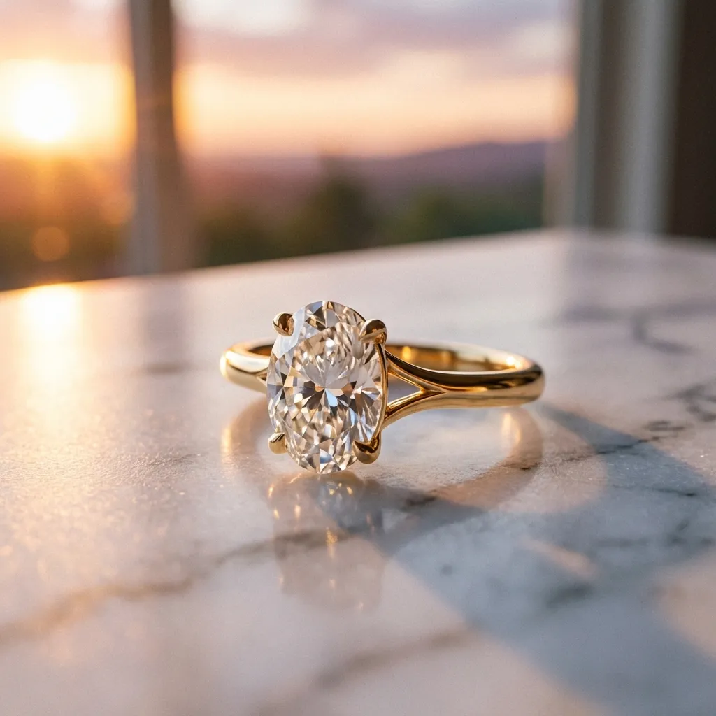 Creative Flatlay with Golden Hour atmosphere — a solitaire ring on marble catching warm sunset light